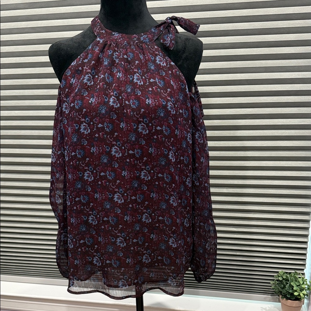 LOFT Burgundy and Blue Floral Halter Blouse